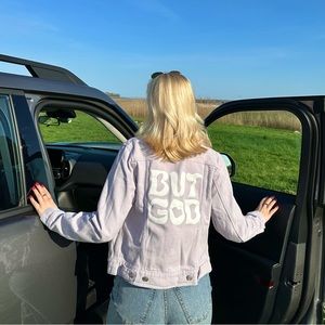 But God Elevated Faith denim jacket - lilac size small